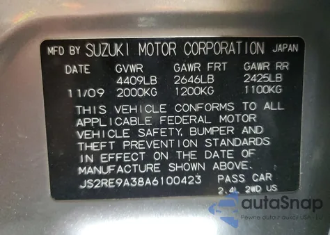 2010 Suzuki Kizashi Se z USA, uszkodzony, nr VIN JS2RE9A38A6100423